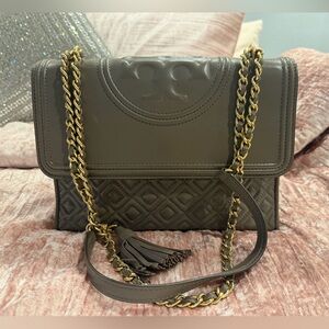 Tory Burch Taupe Quilted Shoulder Bag with Gold Chain